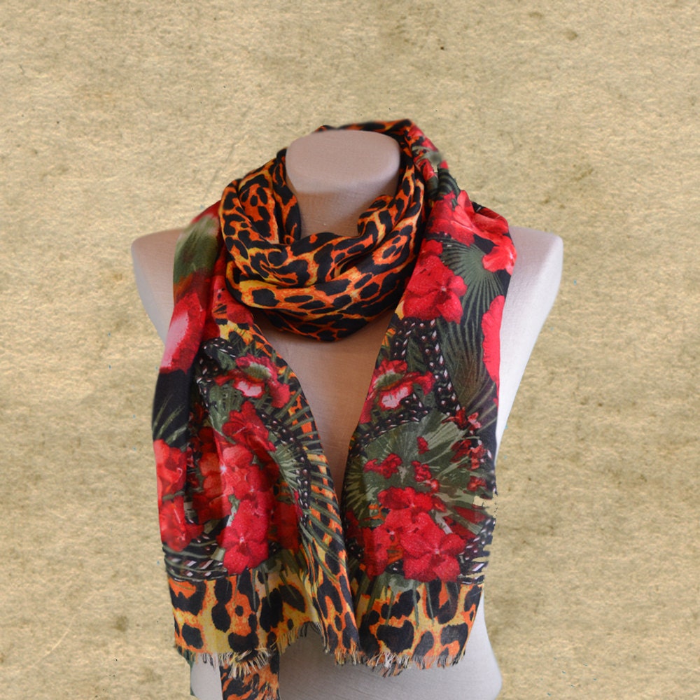 Leopard print scarf Animal pattern scarf Womens red scarf