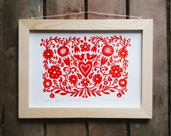 Original Linocut print "Folk motif" Scandinavian folk art inspired, unframed wall poster, Limited edition, handmade by Alexandra Dvornikova