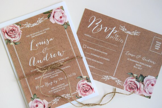 Rustic Kraft Wedding Invitation and Vintage Rsvp Postcard Set