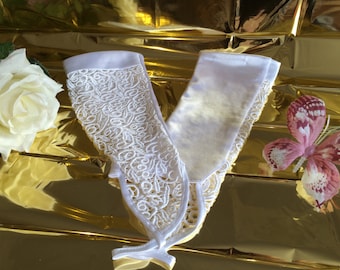Embroidered Bridal Gloves fingerless white transparent silk vintage