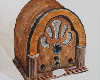 Watercolor print by me made, antique radio