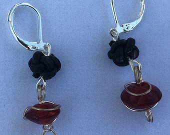 Black leather Celtic knot and red bead earrings