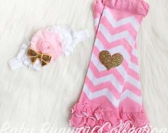Gold Heart Glitter Pink And White Chevron Leg Warmers With Ruffles -Baby Leg Warmers - Photo Prop - Pink & Gold - Matching Headband