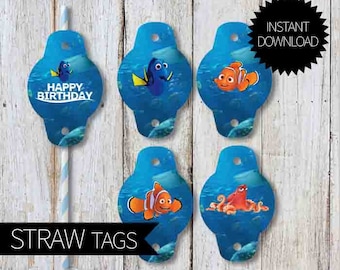 Finding Dory Birthday Party PRINTABLE Straw Tags- Instant Download | Finding Nemo| Paper Straws Decoration