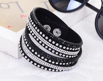 Crystal Swarovski Elements Leather Strap Bracelet Black