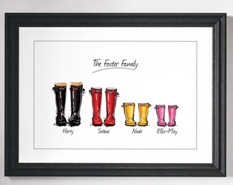 Custom family print gift Personalised Family print Custom Friend Art Wellies print Personalised gift art Wall art Home decor Wellington boot