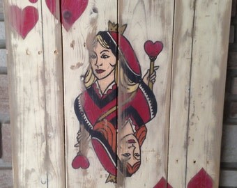 Weathered Queen of Hearts on Pine slats
