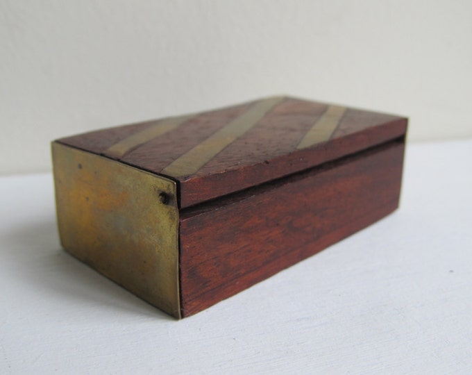 Tiny Wooden box, small snuff, patch or stamp box, small collectible brass decorated case, treen, gift idea for him, cufflink box, ring box