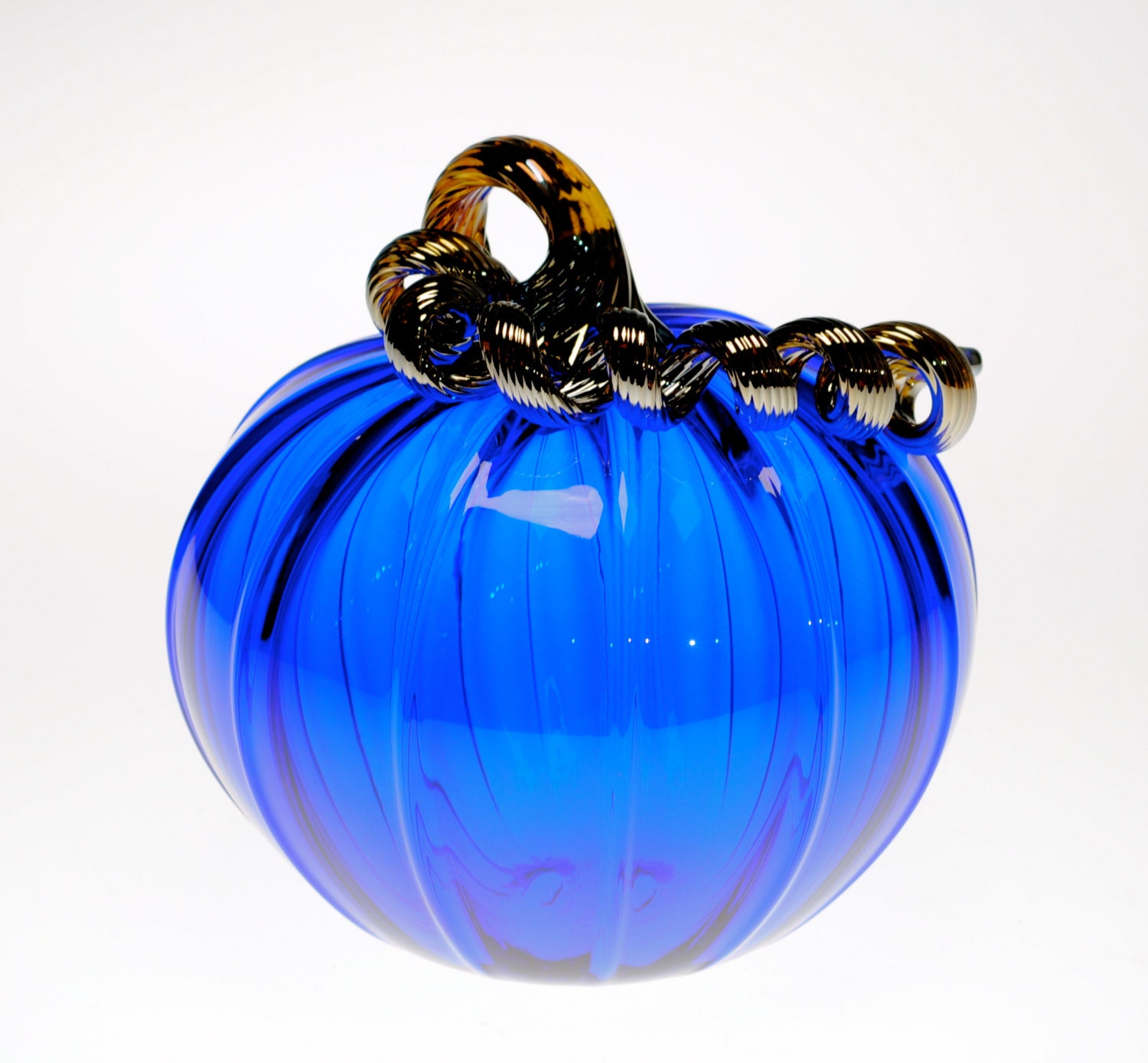 Cobalt Blue Pumpkin with Shiny Stem. Made in Corning NY