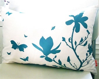 Limited Time Sale Teal Print on Off White Cotton Magnolia and Butterflies Rectangle Pillow