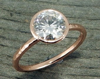 Moissanite Engagement Ring - Forever One D-E-F Moissanite with Recycled 14k Rose Gold - Solitaire, Hammered, Ethical, Peekaboo Bezel
