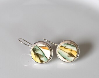 Simple Circle Broken China Earrings - Green Yellow and White