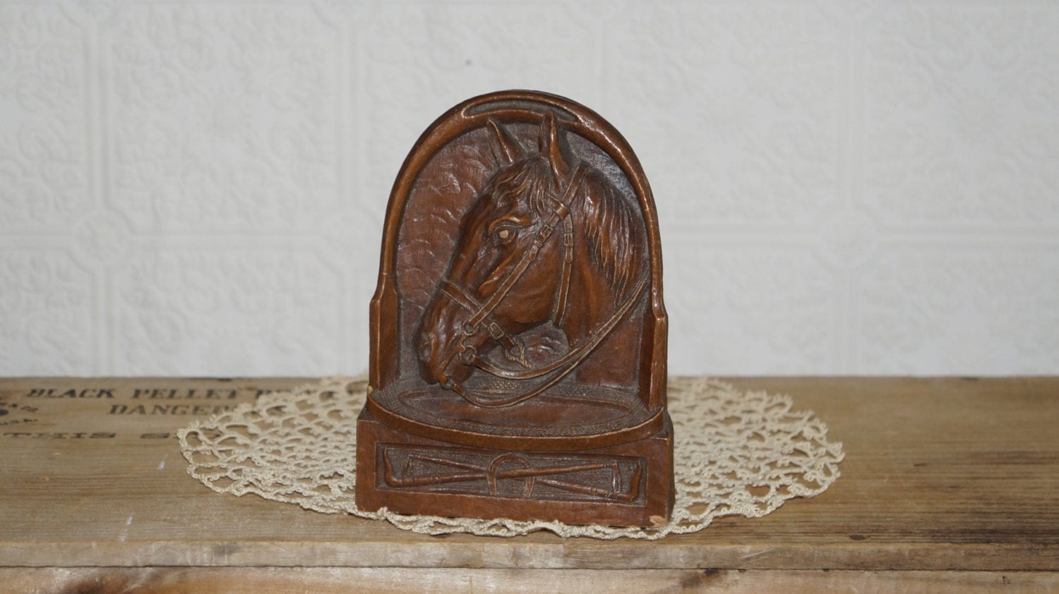 Antique Syroco wood brush holder horse Horse equestrian