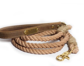 Rope Leash, Brown Rope Dog Leash, Cotton Rope leash with leather handle