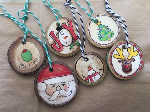 Seven Gift Tag Ornaments Wood Slice Christmas by JustPlainJane