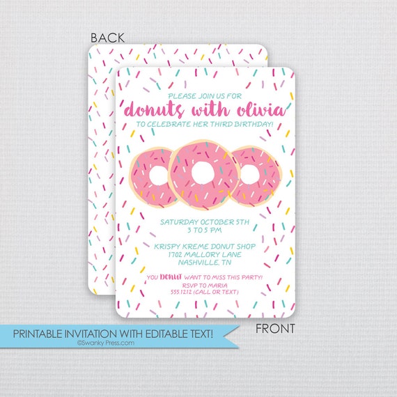 Donut Birthday Party Invitation Pink Aqua Blue Vanilla Diy Instant Download Editable Donut Invitation Template