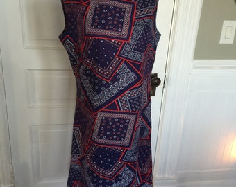 Vintage Ladies' Blue and Red Bandana Print Sleeveless Dress