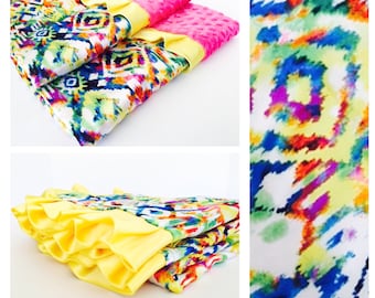 NEW STYLE BLANKET / colorful tribal satin print minky dimples and trim / Gorgeous and unique design / Great baby gift