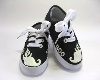 Boys Halloween Ghost Shoes, Hand Painted Black Sneakers for Baby and Toddler, Halloween Party Outfit or Ghost Costume