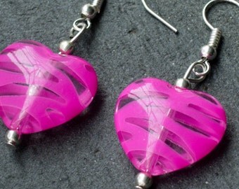 SALE - Striped Earrings, Heart Earrings, Hot Pink Earrings, Heart Jewelry, Kawaii Earrings, Colorful Earrings, Pink Earrings, Gift For Her,