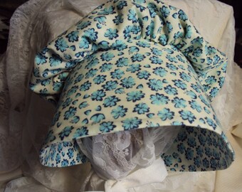 Prairiie bonnet, sun bonnet, pioneer bonnet, Victorian bonnet cream with aqua and blue flowersflowers