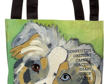 Australian shepherd canvas tote bag, aussie blue merle canvas tote grocery bag, beach tote bag, dog art home decor, handbag