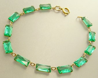 Art Deco Green Crystal Bracelet Open Back Stones
