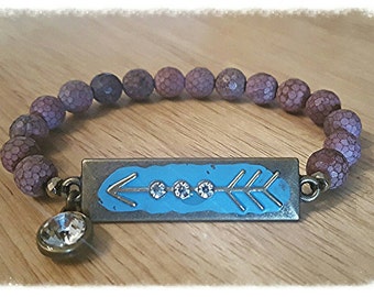 Follow your arrow, arrow charm, beaded bracelet, gemstone bracelet, purple matte agate, 8mm stretch bracelet, stackable, arm candy