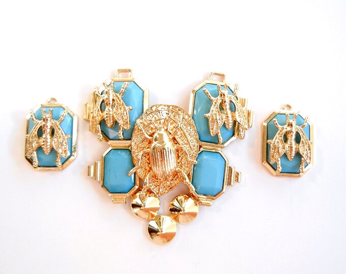 Set of Bug Pendant and Charms Turquoise Blue Acrylic Gems