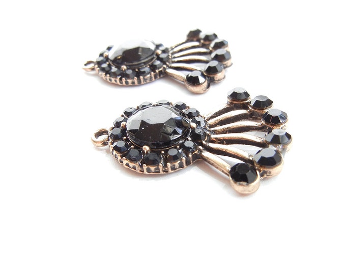 Art Deco Antique Rose Gold-tone Fan Like Charms Black Rhinestones