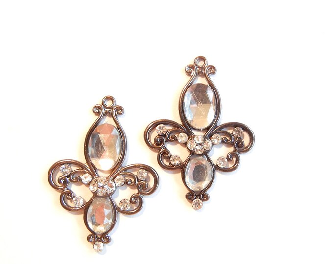 Pair of Burnished Gold-tone Fleur de Lis Charms with Rhinestones and Acrylic Faceted Gems