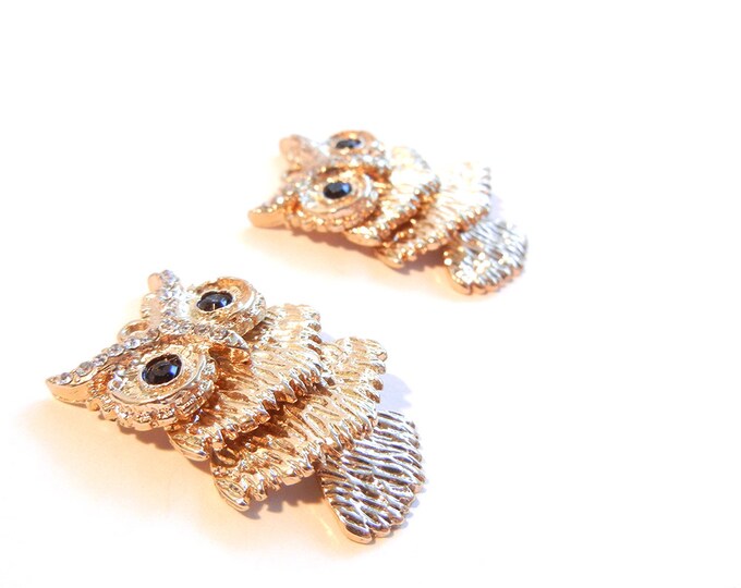 Pair of Gold-tone Articulated Owl Charms Rhinestones