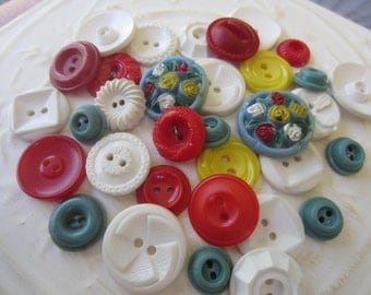 Vintage Buttons - Cottage chic mix of red, white, yellow and blue lot of 32 old and sweet(sept 7b)