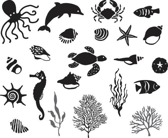 22 Sea Creatures Silhouettes Hand Drawn Clipart. Png files. Personal ...