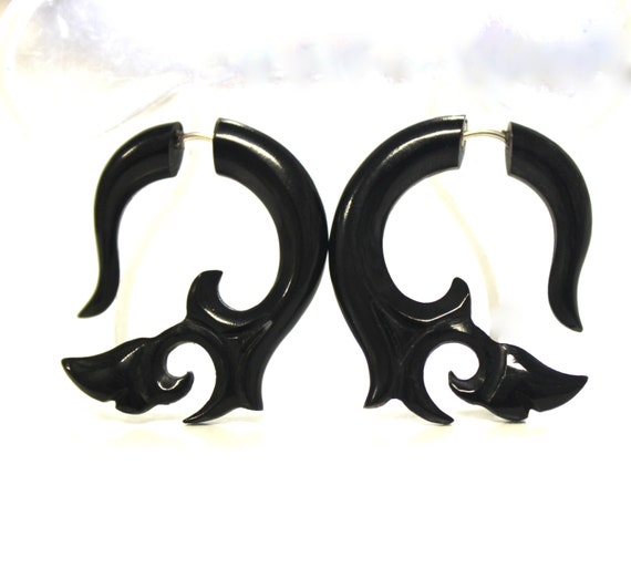 Black small horn Earrings Split Gauge fake gauge by ANELAJADE Horn