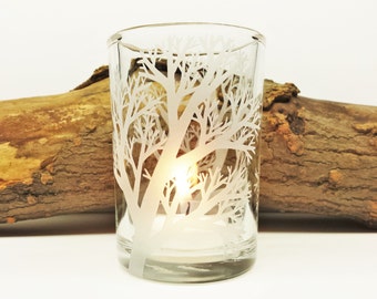 Reaching Branches Candle Holder Engraved Glass Heavyweight Votive Holder Holiday Home Decor Wedding Decor