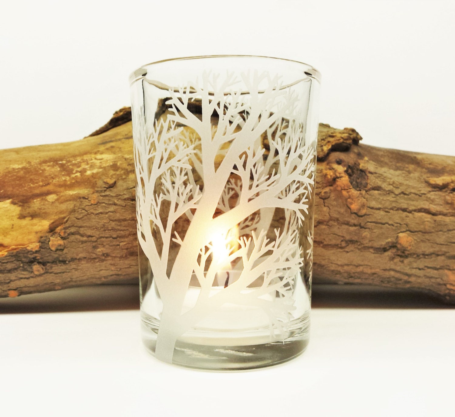 Reaching Branches Candle Holder Engraved Glass Heavyweight