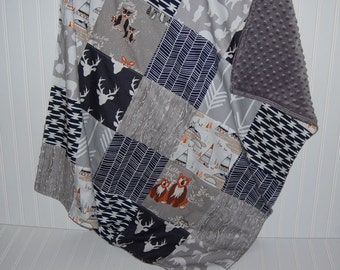 baby blanket- woodland baby blanket-patchwork minky baby blanket- arrow baby blanket- navy baby blanket