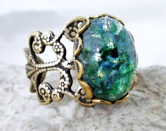 Opal Ring, Green Ring, Large Green Stone Rings, Adjustable Rings, Green Pinfire Glass Opal Rings, Statement Rings, Green And Blue Rings