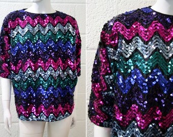 Multi Color Vintage Woman's Sequin Batwing Disco Blouse
