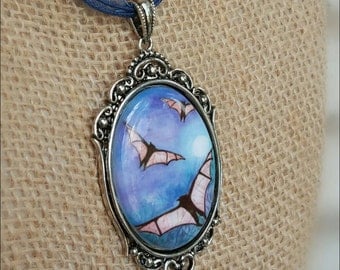 Cameo Necklace - Porcelain Cameo - Bat Jewelry - Bat Necklace - Bats Costume Jewelry - Steampunk Necklace - Porcelain Pendant