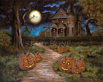 Halloween - Painting - Haunted house - Jack o Lanterns - Ghosts - 11 x 14