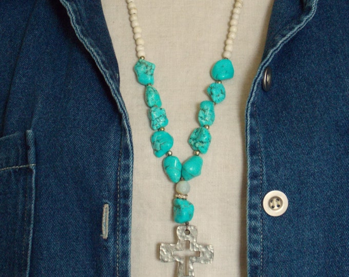 Cross Necklace Boho Cross Necklace Pewter Turquoise Chunky Necklace SemiPrecious Stones Cowgirl Bohemian Western Long Layering Necklace