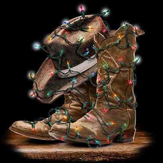 Items similar to Cowboy Boots & Hat with Christmas Lights on a Unisex ...