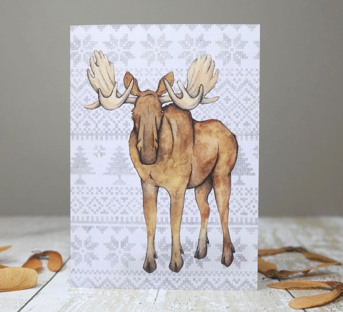 Moose Christmas card with fair isle jumper pattern moose art