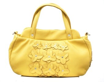 YELLOW Leather Bag, sunny yellow Leather Bag, Leather floral Bag, spring blossom bag Women's Handbag, iPad Satchel Purse Shoulder Bag