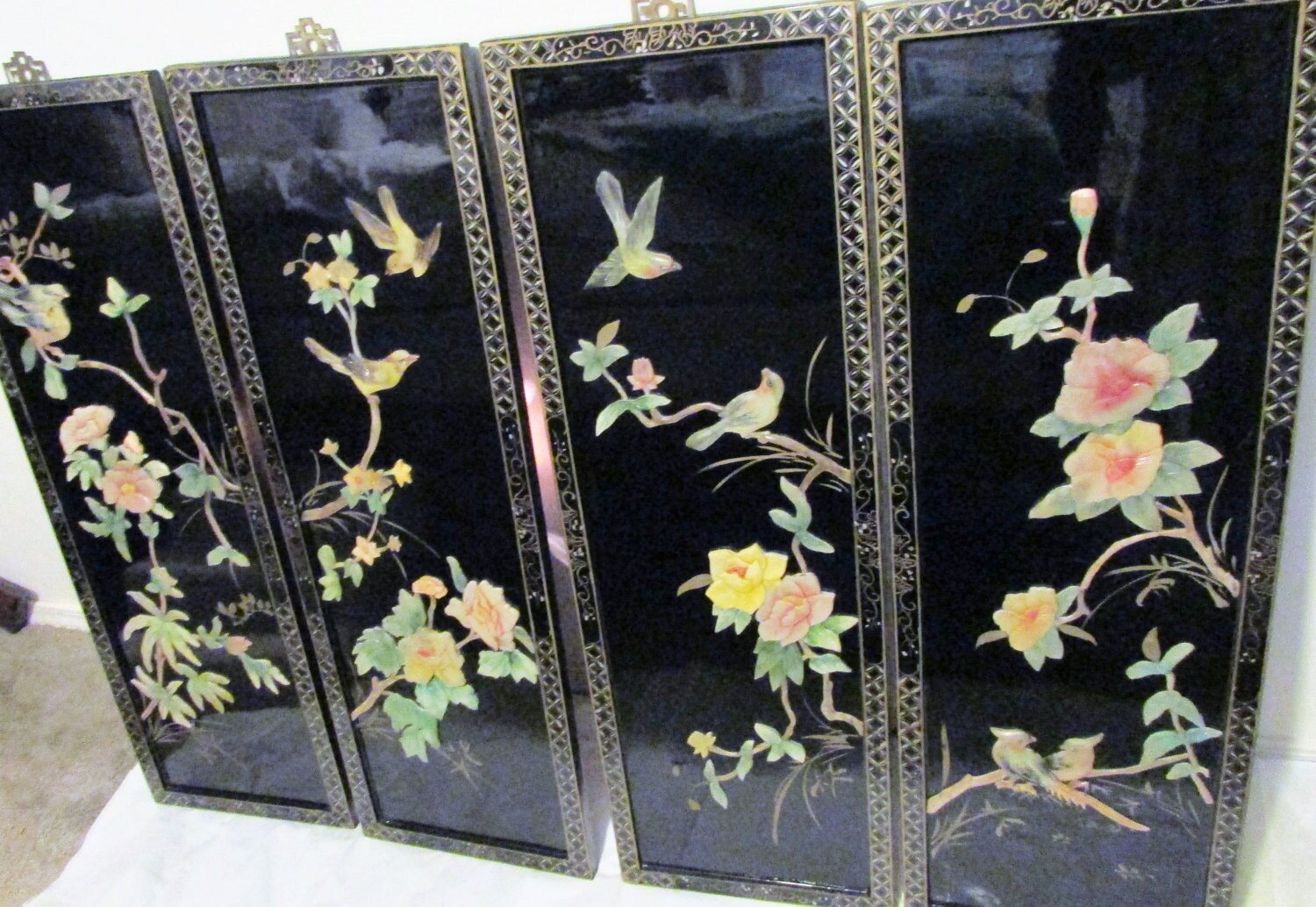 Lovely Vintage Set of 4 LARGE Black Lacquer ORIENTAL Wall