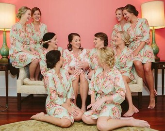 Mint Floral Bridesmaids Robes, Kimono Robes, Spa Wraps, Bridesmaids gift, getting ready robes, Mint Wedding Inspirations, Floral Robes