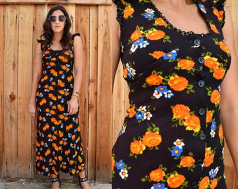 Vintage 70s FLORAL Hippie BOHO MAXI Dress Xs