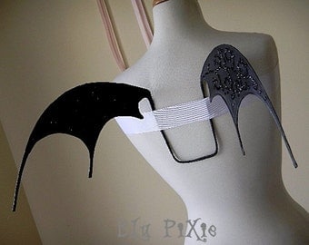 Glittered Swirls Black Bat Wings, Dark Fairy Goth Vampire Demon Halloween Costume, Adult and Kids Spooky Cosplay Accessories